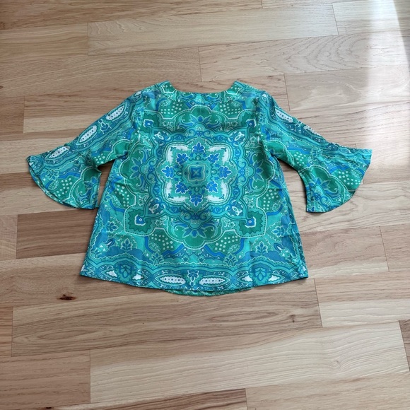 Calypso Christiane Celle XS Green Blue Paisley 100% Silk Blouse Bell Sleeve - Picture 7 of 8